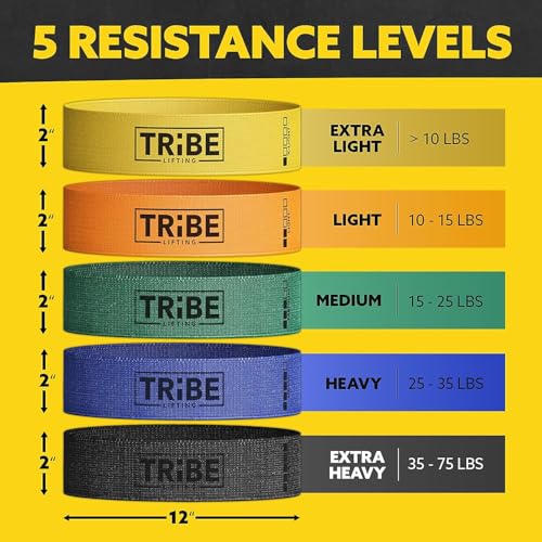 Tribe Lifting Fabric Resistance Bands for Working Out - 5 Exercise Bands Set for Legs and Glutes - Booty Bands for Women and Men - Thick Cloth Workout Bands for Physical Therapy, Hip Training