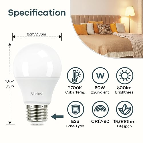 Linkind A19 LED Light Bulb, 60W Equivalent, 2700K Soft White Light Bulbs, 800 Lumens 8.5W Non-Dimmable LED Bulbs, E26 Standard Base, Energy Efficient for Bedroom Home Office, 6 Packs