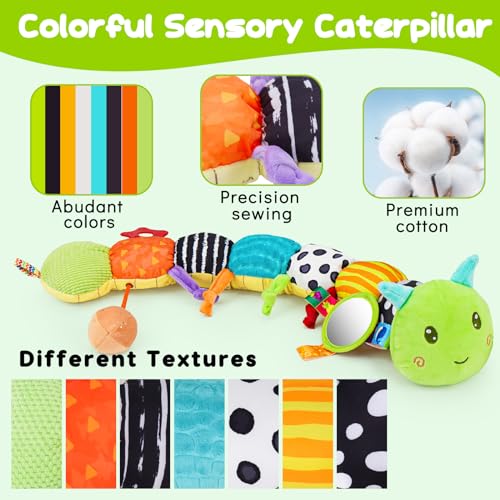 Baby Sensory Toy 0-6 Month Music Animal Stuffed Plush Caterpillar Toy for Infant 0-3-6-12 Month Old Tummy Time with Mirror Crinkle Rattle Toys for Newborn Boys Girl Shower Gifts Easter Basket Stuffer