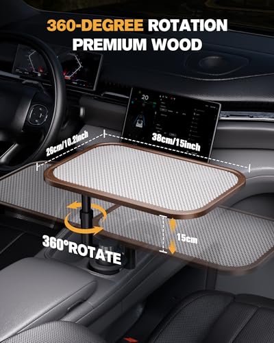 Car Desk for Laptop, Car Table & Car Tray with 360° Rotating Cup Holder, Adjustable Height Car Food Tray, As Car Table Tray or Car Seat Tray, Compatible with Tesla Model 3/Y/S, Ford / Most Vehicles