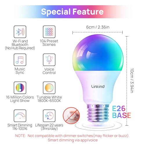 Linkind Smart Light Bulbs, Smart Bulb That Work with Alexa & Google Home, LED Light Bulbs Color Changing, 104 Preset Scene, Music Sync, A19 E26 2.4GHz RGBTW WiFi Bluetooth Light Bulb 60W, 800LM, 4Pack