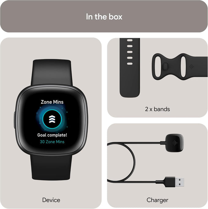 Fitbit Versa 4 Fitness Smartwatch with Daily Readiness, GPS, 24/7 Heart Rate, 40+ Exercise Modes, Sleep Tracking and more, Black/Graphite, One Size (S & L Bands Included)