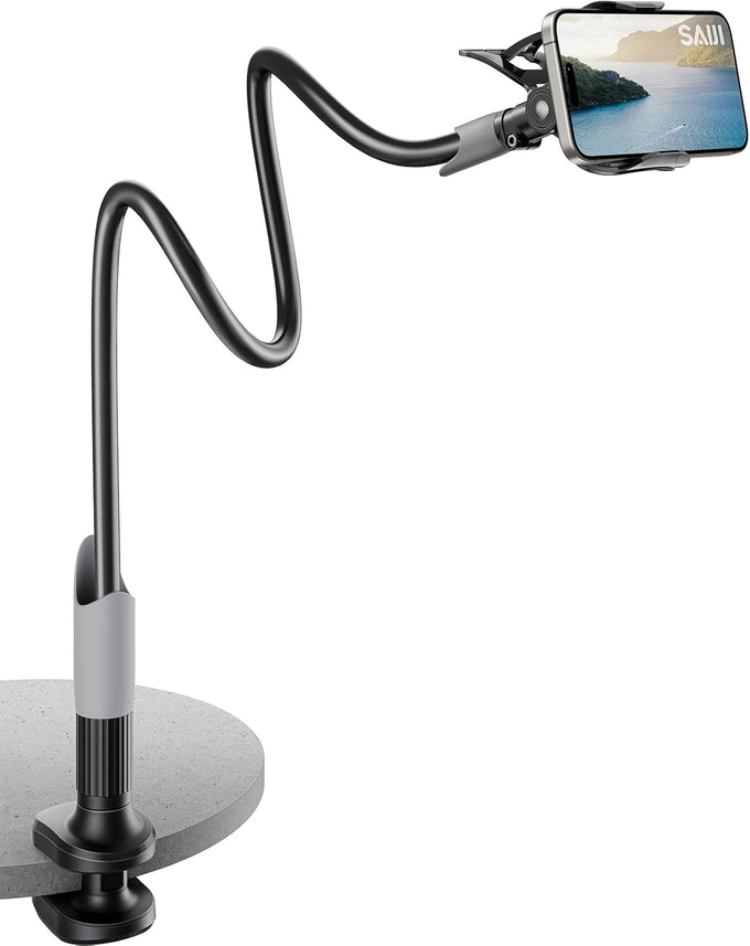 SAIJI Gooseneck Bed Phone Holder – Flexible Long Arm Clamp Stand for Desk & Bed (Black)