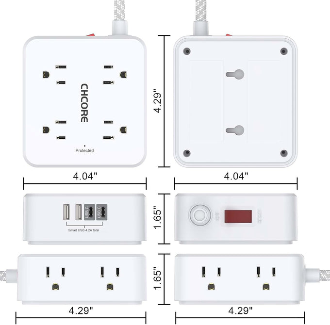 Surge Protector Power Strip - CHCORE 5Ft Braided Extension Cord with 8 Outlets with 4 USB (2 USB C) Charging Ports, Flat Plug Multi Plug Outlet Extender Charging Station for Home Office, ETL, White