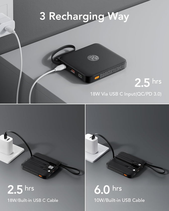 VRURC Portable Charger with Built-in Cable, 10000mAh 22.5W Fast Charging USB C Battery Pack, Cell Phone Power Bank for iPhone 17 16 15 Samsung Galaxy S25 S24 S23 Series Android Tablet, Black(1 Pack)