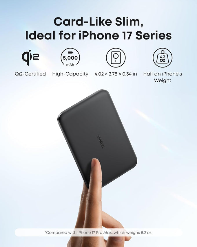 Anker Nano Power Bank, Ultra-Slim 5,000mAh Magnetic Wireless Charging Battery, Qi2 Certified 15W Max MagSafe-Compatible Portable Charger, Ergonomic Design, for iPhone Air/17/16 Series