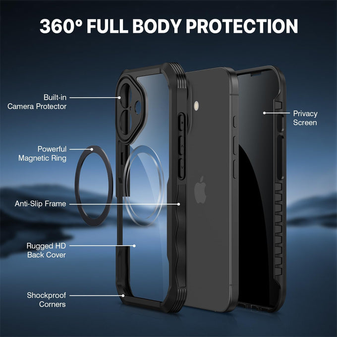 CENHUFO Magnetic Privacy for iPhone 17 Case [Compatible with Magsafe] Full Body Phone Case Built-in 9H Tempered Glass Privacy Screen Protector Camera Protection Shockproof Bumper Clear Cover -Black