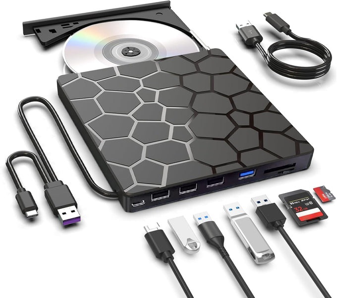 External CD DVD Drive,8 in 1 USB 3.0 and Type-C Disc Reader Writer Burner Player,Slim and Portable CD DVD +/-RW Optical Drive for PC Laptop Desktop MacBook Mac Windows Linux OS Apple (8 in 1)