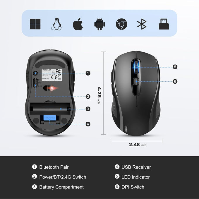 TECKNET Bluetooth Mouse, 4000DPI Wireless Mice for Laptop 2-in-1(BT 5.0/3.0+2.4Ghz) Computer Portable PC Mouse Wireless with USB Receiver for Mac (USB-A+Bluetooth, Black)