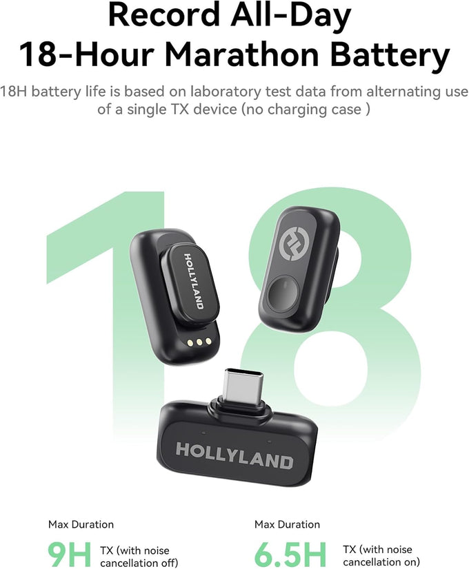Hollyland Lark A1 Wireless Microphone for iPhone 17/16/15 & Android, 48kHz/24-bit, 3-Level Intelligent Noise Cancel, Magnetic Mini Mic for YouTube, Podcast, Vlogging (Black, 2TX + USB-C RX)