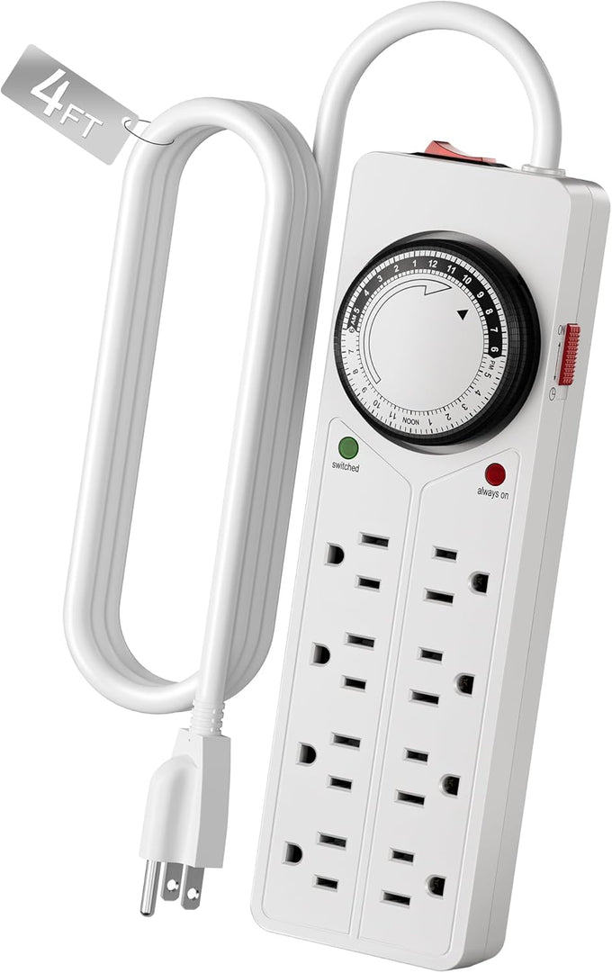 BN-LINK 8 Outlet Surge Protector with Mechanical Timer (4 Outlets Timed, 4 Outlets Always On) - White