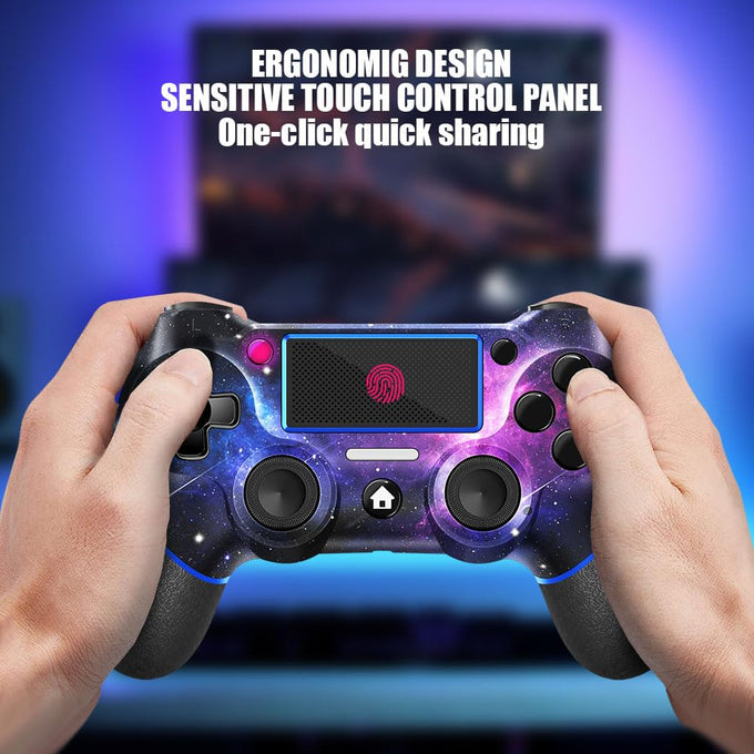 AceGamer Wireless Controller for PS4 – Custom V2 Gamepad with Non-Slip Grip, 3.5mm Audio Jack & Thumb Caps (Galaxy Design)