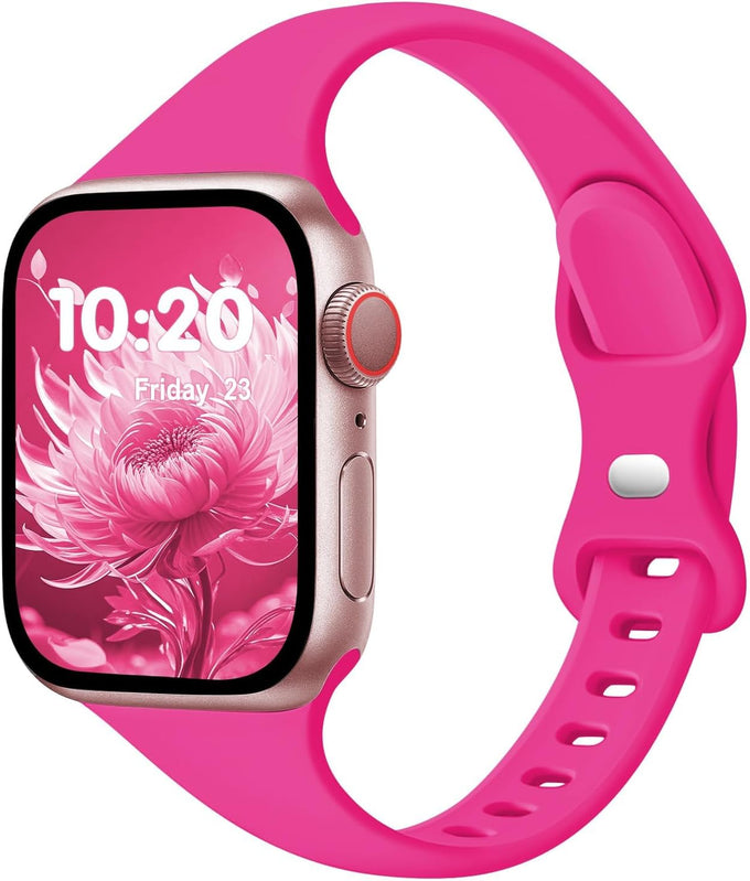Slim Silicone Band for Apple Watch (38mm–49mm) – Soft Thin Sport Strap for iWatch Series 11/10/9/8/7/6/5/4/3/2/1/SE/Ultra – Narrow Wristband for Women & Men – Hot Pink