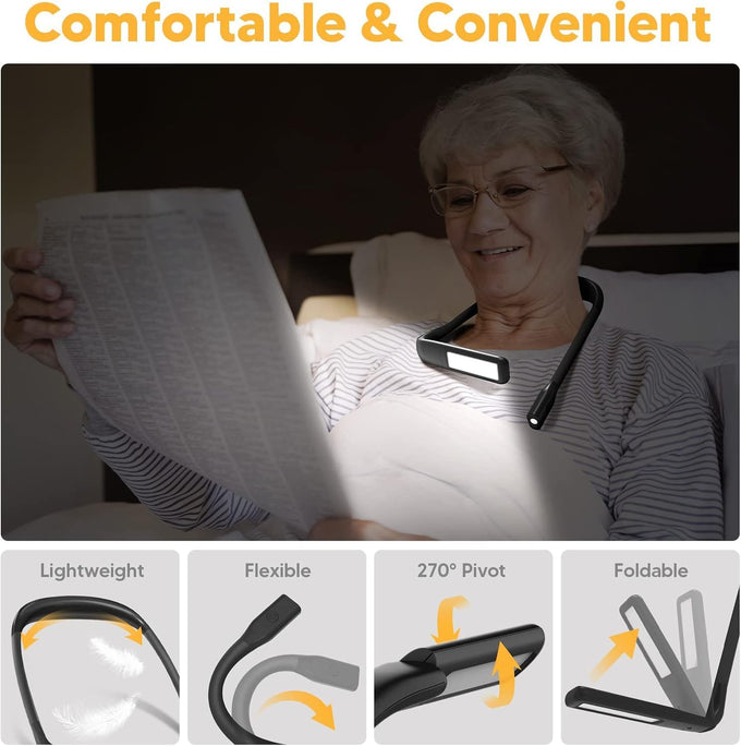 Neck Reading Light Book Lovers Gifts, Rechargeable 2000mAh 10-80Hrs Eye-friendly Wide Lamp Book Light, Birthday Valentines Day Gifts for Him Men Women Readers, Camping Knitting Crochet Accessories