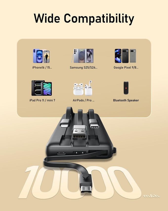 VEEKTOMX 10000mAh Portable Charger with Built-In Cables – Fast USB-C Power Bank for iPhone & Samsung