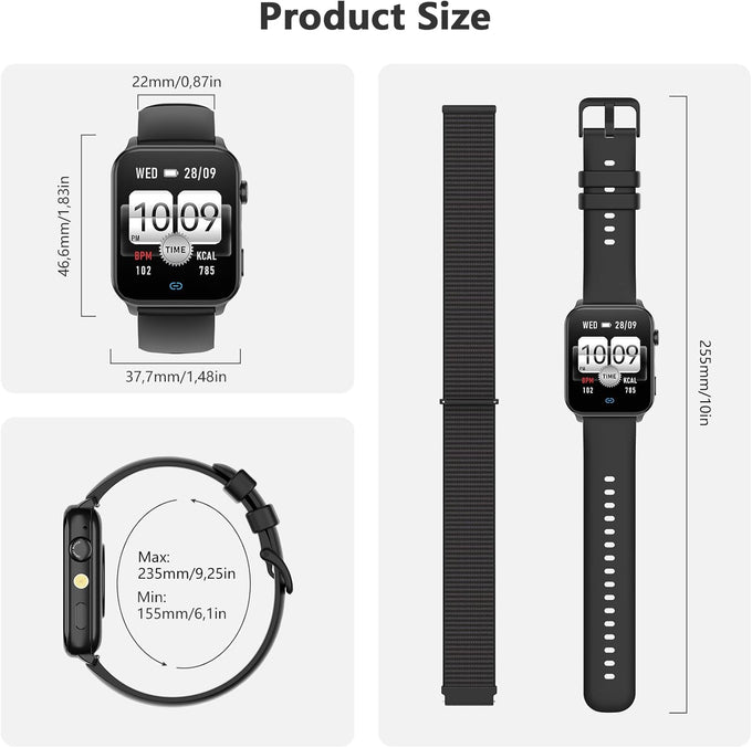 Blackview Smart Watch for Men Women,1.91" HD Touchscreen Fitness Watch with Flashlight, Bluetooth Notifications/Make Calls, Heart Rate/Sleep Monitor/2 Straps, Fitness Watch for Android/iPhone
