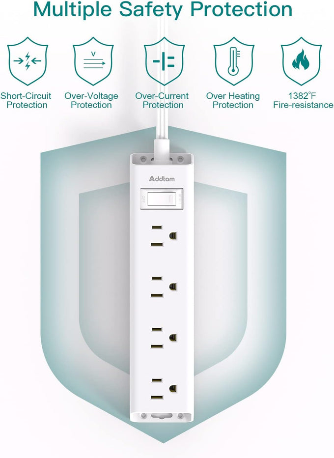Flat Plug Power Strip, Ultra Thin Flat Extension Cord - Addtam 12 Widely AC 3 Sides Multiple Outlets, 5Ft, 1050J Surge Protector, Wall Mount, Desk Charging Station for Home Office Dorm Room Essentials