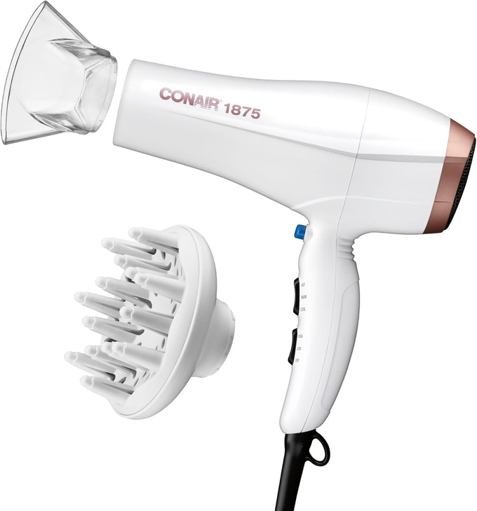 Conair Double Ceramic Ionic Hair Dryer, 1875W Blow Dryer with Diffuser & Concentrator (White)