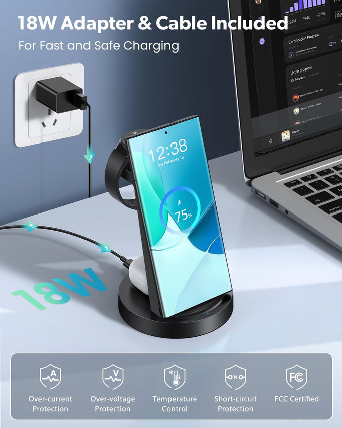 Wireless Charger for Samsung: 3 in 1 Wireless Charging Station for Samsung Galaxy Watch 8 7 6 5 4 3 Pro Classic Galaxy Buds - Charger Dock Stand for S25 S24 Ultra S23 S22 S21 Note Z Fold Android