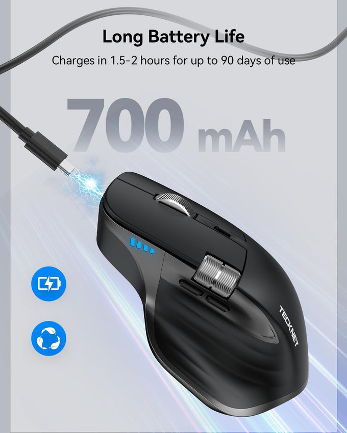 TECKNET Wireless Mouse, Bluetooth Mouse (BT5.3/5.0 & 2.4G) Rechargeable Ergonomic Optical Mouse with 6 Adjustable DPI, Side Scroll, Quiet Clicks, USB A Receiver, 7 Buttons, Wide Compatibility - Black