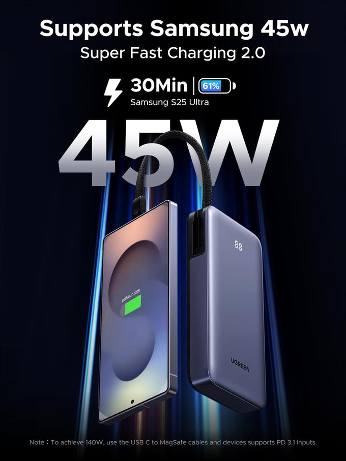 UGREEN Nexode Power Bank 20000mAh 45W with Built-in Cable, Fast Charging Portable Charger for iPhone 17 Pro/Samsung S25 Ultra/iPad Pro, 3-Port External Battery Pack with Digital Display, Travel Ready