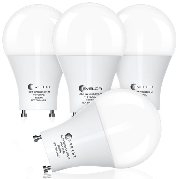 GU24 LED Light Bulb,60 Watt Equivalent Daylight White 5000K,Non-Dimmable,Efficient 9W,800 Lumens Twist and Lock 2 Prong Light Bulbs,15000 Hours,Ideal for Kitchen,Living Room,Bedroom, 4-Packs