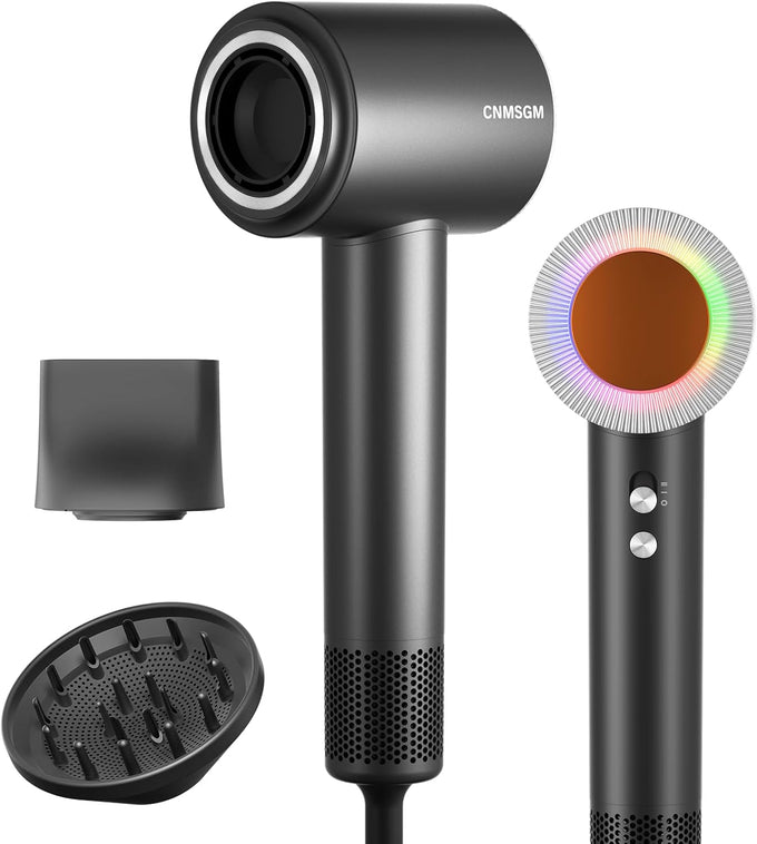 Hair Dryer, High Speed Ionic Blow Dryer, 5X-Fast Drying, 2 Billion Negative Ions, Low Noise,160000 RPM, Compact Blow Dryer with Magnetic Diffuser for Faster Drying All Hair Types(Black Gray)
