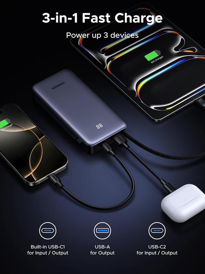 UGREEN Nexode Power Bank 20000mAh 45W with Built-in Cable, Fast Charging Portable Charger for iPhone 17 Pro/Samsung S25 Ultra/iPad Pro, 3-Port External Battery Pack with Digital Display, Travel Ready