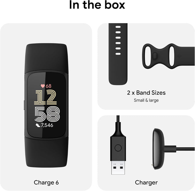 Fitbit Charge 6 Fitness Tracker with Google apps, Heart Rate on Exercise Equipment, 6-Months Premium Membership Included, GPS, Health Tools and More, Obsidian/Black, One Size (S & L Bands Included)