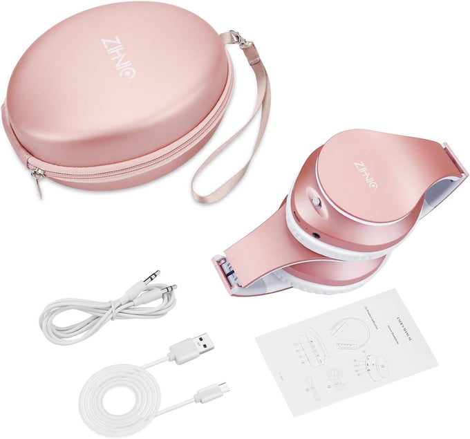 ZIHNIC Bluetooth Headphones Over-Ear – Foldable Wireless & Wired Stereo Headset, FM & Micro SD, Lightweight Rose Gold