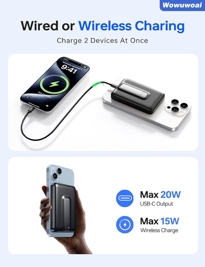 for Magsafe Portable Charger, 10000mAh Wireless Power Bank with Stand, USB C PD 20W Fast Charging Powerbank, Magnetic Battery Pack Compatible for iPhone 17/16/15/14/13/12 Series - Black