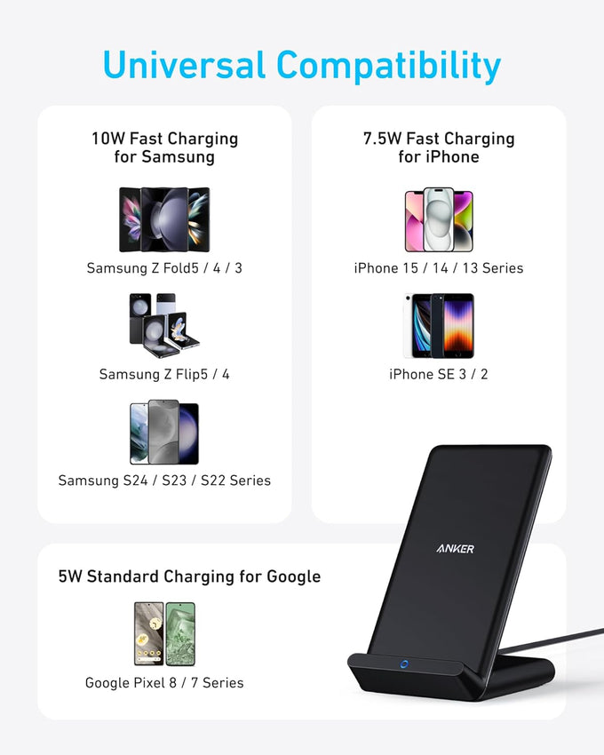 Anker 313 Wireless Charger (Stand), Qi-Certified for iPhone 17/17/17 Pro/17 Pro Max/15/14/13, 10W Fast-Charging Galaxy S23 S22 S21(No AC Adapter)