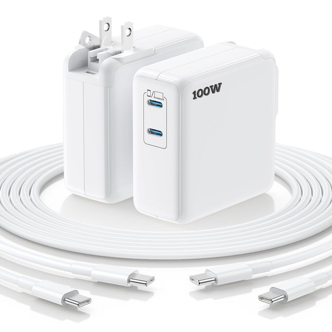 Essri MacBook Pro Charger,100W USB C Charger 2Pack with Foldable Plug,Dual 65W Ports Fast Charging for MacBook Pro Air,iPad Pro,iPhone 17/16/15,Includes 6FT+10FT USB C to C Cables - White