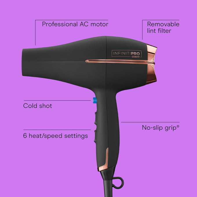 INFINITI PRO by CONAIR Hair Dryer, 1875W Blow Dryer with Diffuser and Concentrator, Ceramic Technology, 3 Heat & 2 Speed Settings, Cold Shot Button, Black