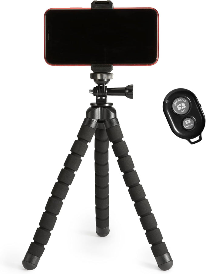 Portable and Flexible Tripod with Wireless Remote and Smartphone Clamp, 10-inch long, Black