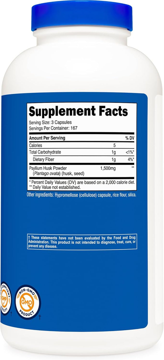 Nutricost Psyllium Husk 1500mg Per Serving, 500 Capsules - Non-GMO & Gluten Free