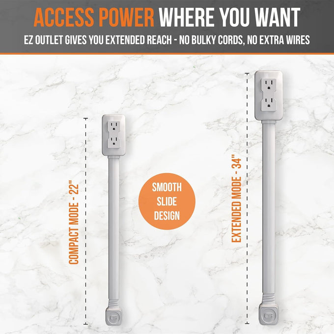 EZ Outlet Electrical Outlet Extender. Access Hard-to-Reach Outlets! Features USB-A, USB-C, and 2 AC Outlets, Extends 22"-34", Rotates 180°. Use Behind Couches, Nightstands, Desks, and More.