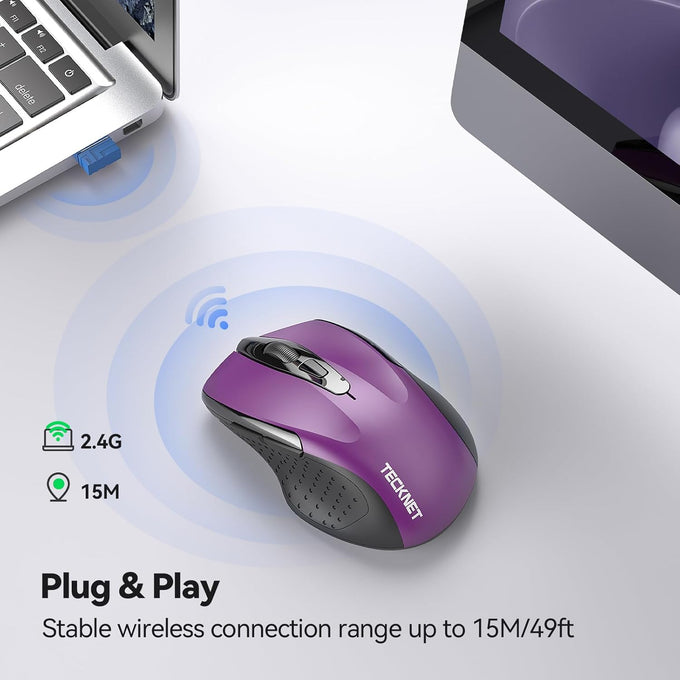 TECKNET Wireless Mouse, 2.4G Ergonomic Optical Mouse, Computer Mouse for Laptop, PC, Computer, Chromebook, Notebook, 6 Buttons, 24 Months Battery Life, 2600 DPI, 5 Adjustment Levels - Purple