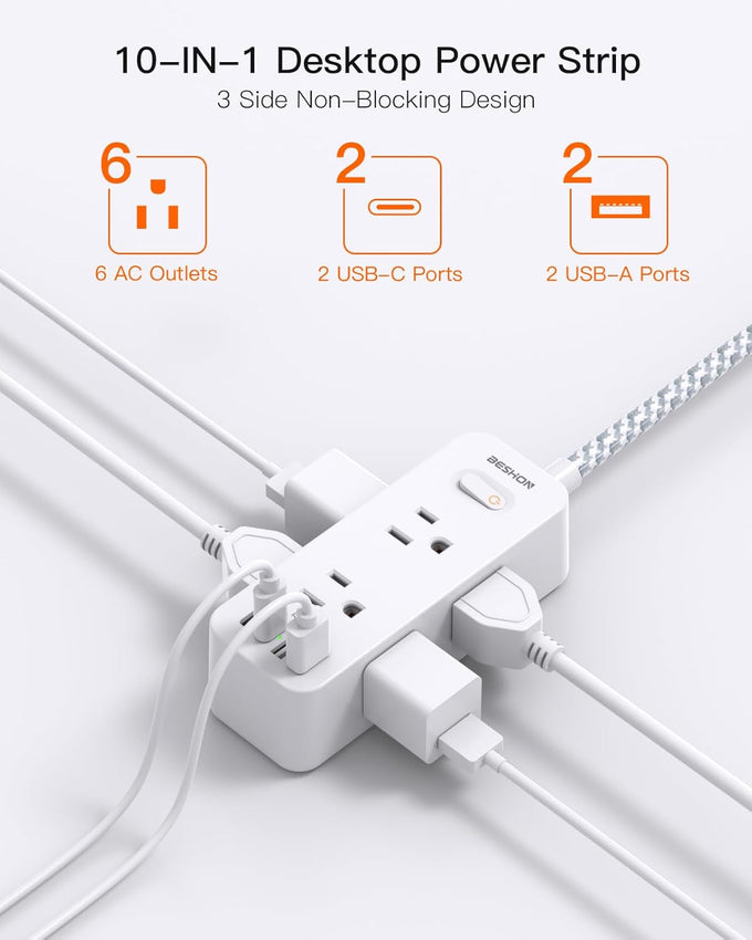 Power Strip Surge Protector, BESHON 5Ft Extension Cord, 6 Outlets with 4 USB Ports (2 USB C Outlet), 3-Side Outlet Extender, Wall Mount, Compact for Travel, Home, College Dorm Room and Office