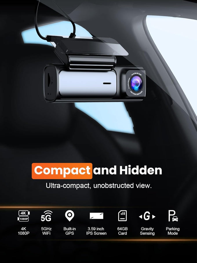 4K Dash Cam Front and Rear, Built-in 5G WiFi GPS, 64GB Card Included, 3.59'' IPS Screen Dash Camera for Cars, Dual Dashcam with G-Sensor, Loop Recording, WDR, Night Vision, 24H Parking Monitor