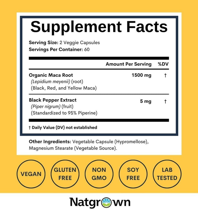 Natgrown Organic Maca Root Powder Capsules 1500mg Non-GMO Gluten-Free Vegan