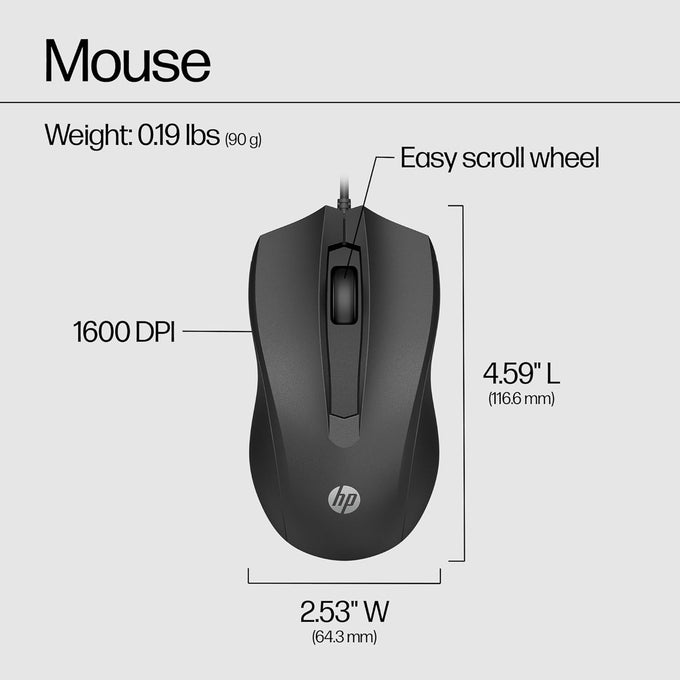 HP Wired Mouse 100 - Precise Optical Sensor with 1600 DPI - Easy USB Connection - Ambidextrous Design - 3 Button Control & Built-in Scrolling - Multi-OS Compatible (6VY96AA#ABL)
