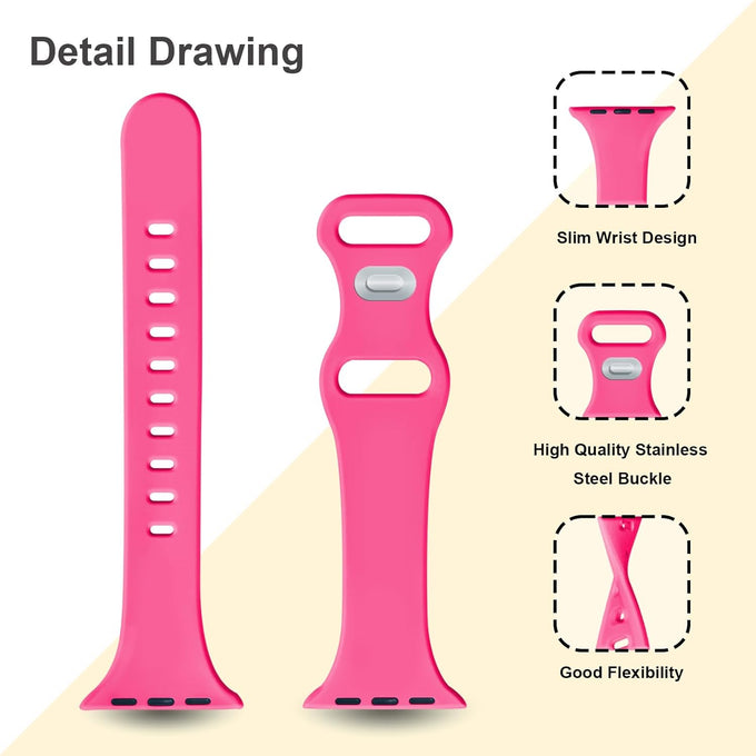 Slim Silicone Band for Apple Watch (38mm–49mm) – Soft Thin Sport Strap for iWatch Series 11/10/9/8/7/6/5/4/3/2/1/SE/Ultra – Narrow Wristband for Women & Men – Hot Pink