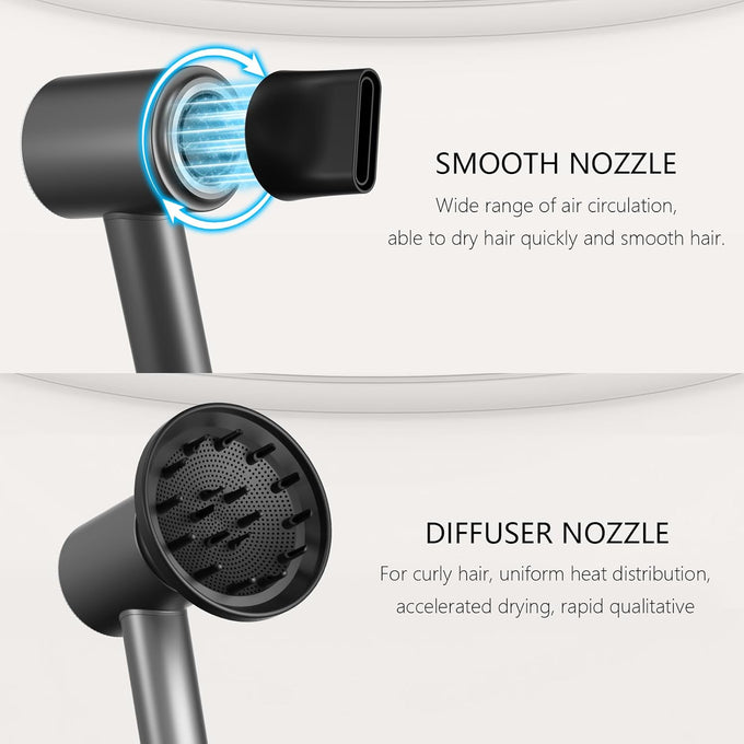 Hair Dryer, High Speed Ionic Blow Dryer, 5X-Fast Drying, 2 Billion Negative Ions, Low Noise,160000 RPM, Compact Blow Dryer with Magnetic Diffuser for Faster Drying All Hair Types(Black Gray)