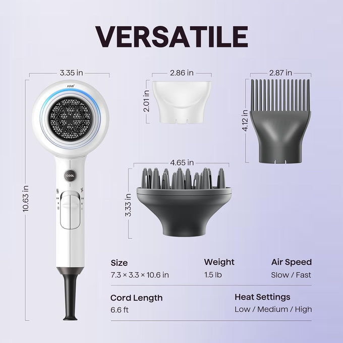 Wavytalk Hair Dryer, Blown Away Ionic Hair Dryer for Curly Hair with Diffuser, 1875W Fast Drying Blow Dryer with Ceramic Technology, 3 Attachments for All Hair Types, Light and Quiet, White