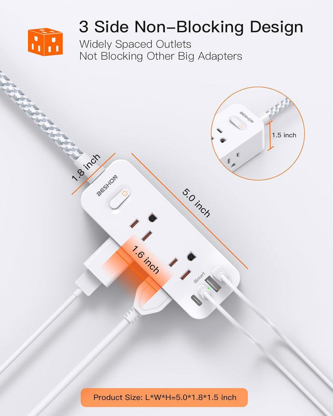 Power Strip Surge Protector, BESHON 5Ft Extension Cord, 6 Outlets with 4 USB Ports (2 USB C Outlet), 3-Side Outlet Extender, Wall Mount, Compact for Travel, Home, College Dorm Room and Office