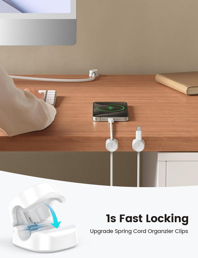 8Pack Cord Organizer [1s Lock] Spring Cable Management Clips - Lamicall Desk Cord Holder, Adhesive Cute Round Cable Clip, Phone Charger Wire Organizer Keeper for Nightstand Car Office Accessory, White