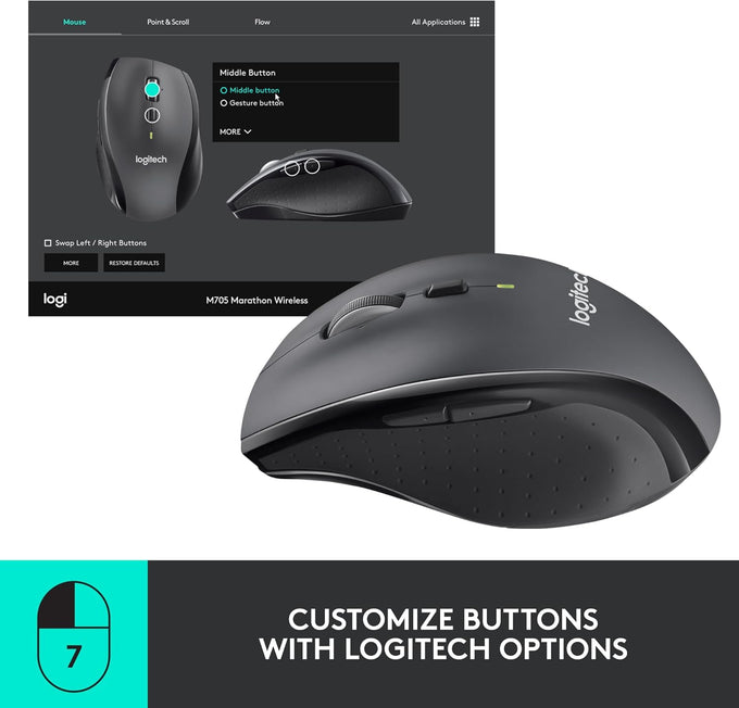 Logitech M705 Marathon Wireless Mouse, Gaming Mouse Wireless, 2.4 GHz USB-A Receiver, 5-Programmable Buttons, 3-Year Battery, PC, Mac, Laptop, Chromebook - Black