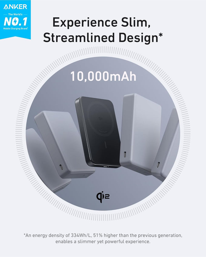 Anker MagGo Power Bank, Ultra-Slim 10,000mAh Magnetic Battery Pack, Qi2 Certified 15W Ultra-Fast MagSafe Compatible Portable Charger, Ergonomic Design, for iPhone17/16/15/14 Series Only（Not for Pixel）