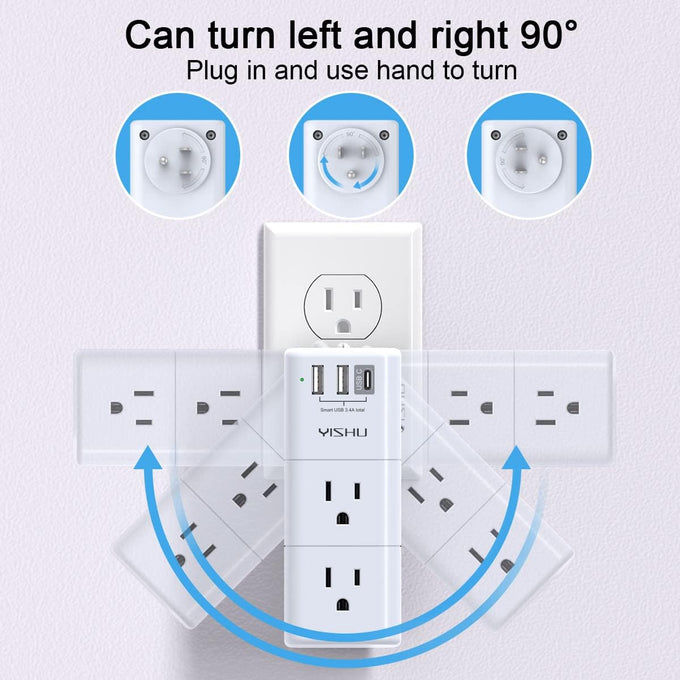 USB Multi Plug Outlet Extender - YISHU Surge Protector with Rotating Plug, 6 AC Plug Extender with 3 USB Ports, 3-Sided Swivel Power Strip Best Ideal Stocking Stuffers for Adults